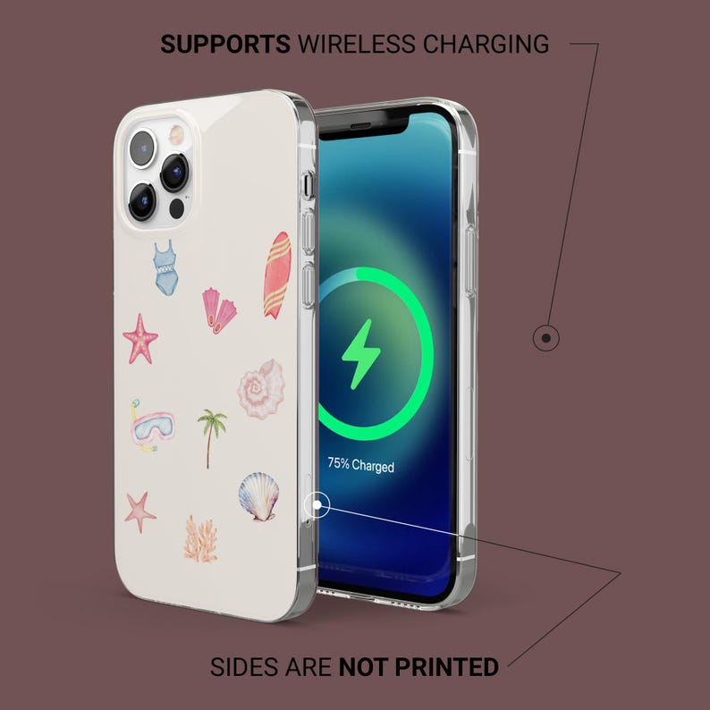 May include: A white phone case with a beach theme, featuring illustrations of a swimsuit, fins, a surfboard, starfish, a seashell, a snorkel, a palm tree, and coral. The phone screen displays a charging symbol. Text on the case reads: "SUPPORTS WIRELESS CHARGING" and "SIDES ARE NOT PRINTED."