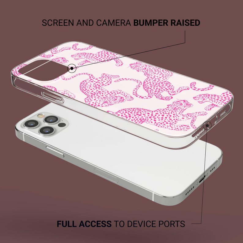Puede incluir: Una funda transparente para tel&eacute;fono con un dise&ntilde;o de estampado de leopardo rosa. La funda est&aacute; encima de un smartphone blanco. Los textos "SCREEN AND CAMERA BUMPER RAISED" y "FULL ACCESS TO DEVICE PORTS" son visibles.