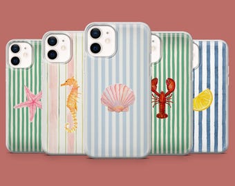 Summer Beachy Phone Case Sea Life Shell Stripes Cover for iPhone 17, 16 Pro, 15, 14, 13, Samsung S26, S25, S24, S23, S22, A17, Pixel 10A, 9A