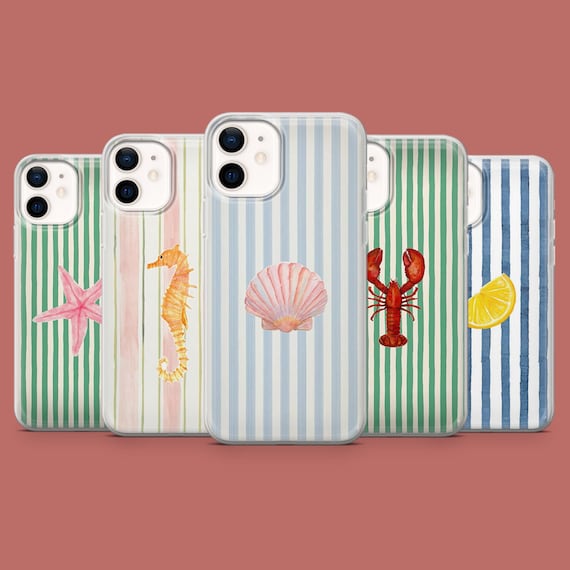 Summer Beachy Phone Case Sea Life Shell Stripes Cover for iPhone 17, 16 Pro, 15, 14, 13, Samsung S26, S25, S24, S23, S22, A17, Pixel 10A, 9A