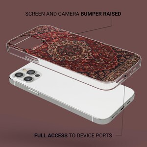 May include: A clear phone case with a raised edge around the camera and screen. The case has a colorful patterned design that resembles a rug. The text "SCREEN AND CAMERA BUMPER RAISED" is above the case and the text "FULL ACCESS TO DEVICE PORTS" is below the case.