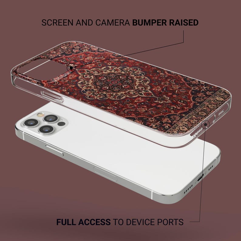 May include: A clear phone case with a raised edge around the camera and screen. The case has a colorful patterned design that resembles a rug. The text "SCREEN AND CAMERA BUMPER RAISED" is above the case and the text "FULL ACCESS TO DEVICE PORTS" is below the case.