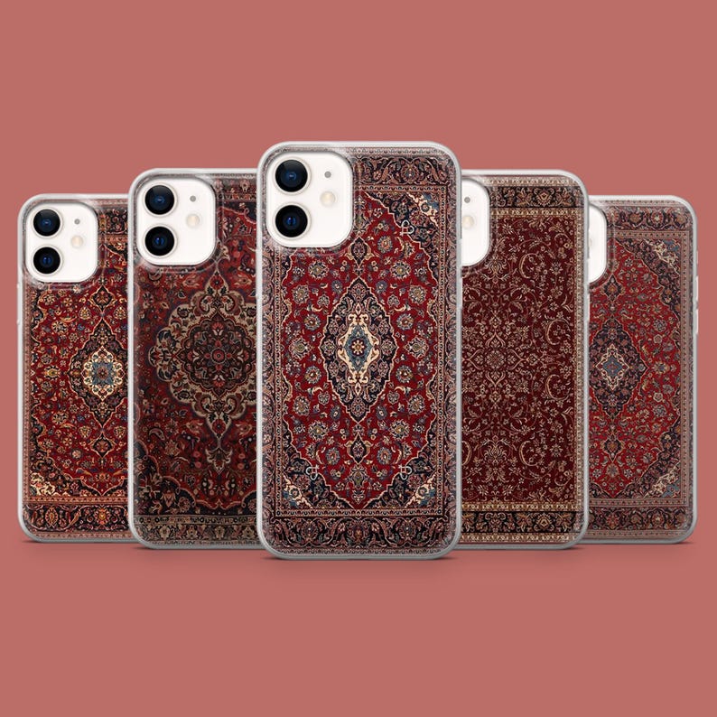 May include: Five clear phone cases with a red, blue, and white patterned design inspired by a Persian rug.