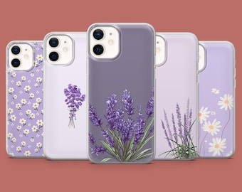 May include: Five phone cases with floral designs. The cases feature images of lavender, daisies, and other flowers in shades of purple, white, and green. The cases are arranged in a row against a solid red-orange background.