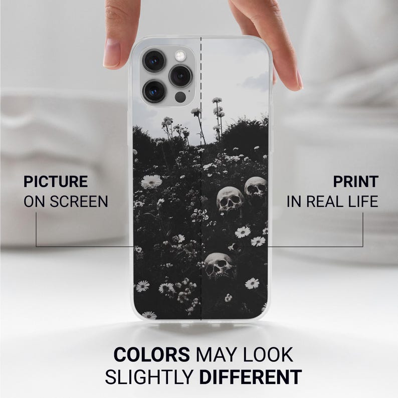 Puede incluir: Una funda transparente para tel&eacute;fono con una imagen en blanco y negro de calaveras y flores. El texto "IMPRIMIR EN LA VIDA REAL" est&aacute; en el lado derecho de la imagen. El texto "IMAGEN EN PANTALLA" est&aacute; en el lado izquierdo de la imagen. El texto "LOS COLORES PUEDEN PARECER LIGERAMENTE DIFERENTES" est&aacute; en la parte inferior de la imagen.