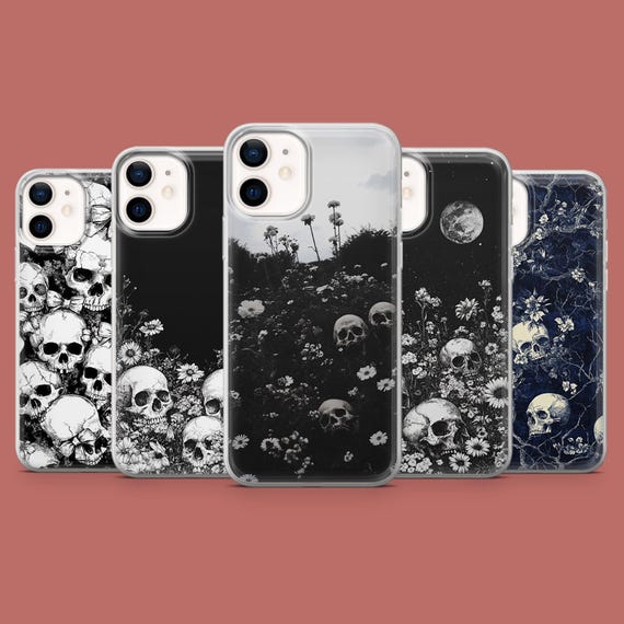 Skull Phone Case Floral Gothic Skeleton Cover for iPhone 17, 16 Pro, 15, 14, 13, 12, Samsung S26, S25, S24, S23, S22, A17, Pixel 10A, 10, 9A