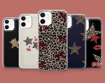Cheetah-telefoonhoesje Luipaardprint Star Bows Cover voor iPhone 17, 16 Pro, 15, 14, 13, 12, Samsung S26, S25, S24, S23, S22, A17, Pixel 10A, 9A