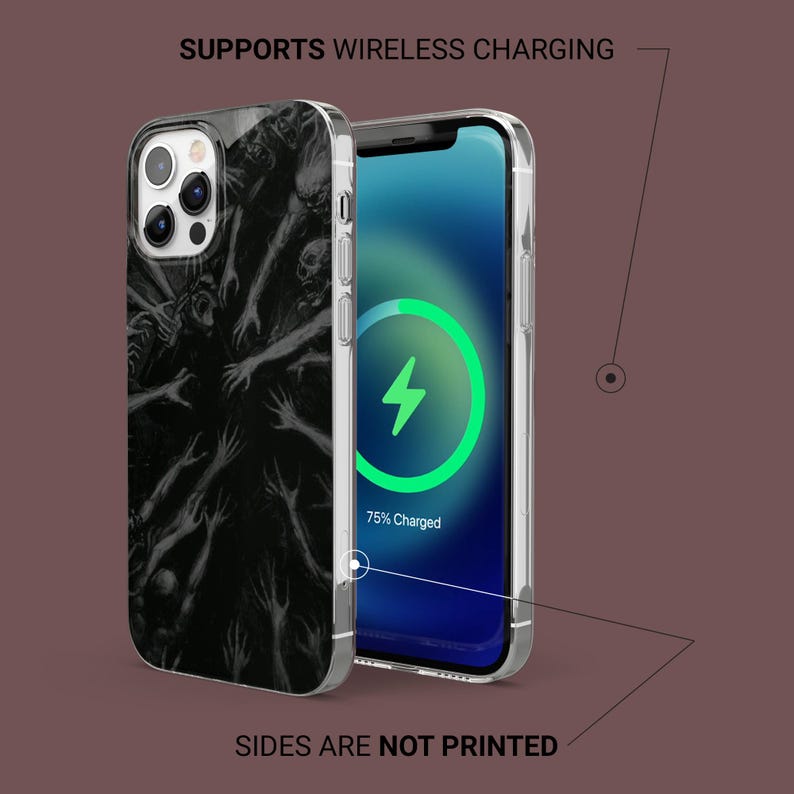 Pode incluir: Uma capa de telefone preto e branco com um gr&aacute;fico de m&atilde;os estendidas. A capa &eacute; compat&iacute;vel com carregamento sem fio e tem uma parte traseira transparente. A capa do telefone &eacute; mostrada em um telefone com uma anima&ccedil;&atilde;o de carregamento na tela. O texto "SUPPORTS WIRELESS CHARGING" e "SIDES ARE NOT PRINTED" tamb&eacute;m &eacute; vis&iacute;vel.