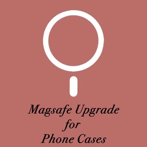 May include: A dusty rose background featuring a white circular outline with a small vertical white rectangle extending from the bottom. Below the graphic, black text reads: Magsafe Upgrade for Phone Cases. The design is centered and clear.