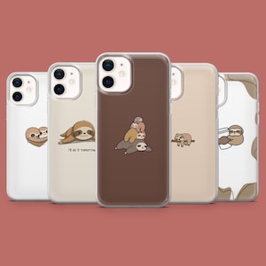 May include: Set of five phone cases featuring different sloth designs. The cases are clear, brown, and beige. One case features a sloth saying "I'll do it tomorrow". Another case features a stack of sloths. The remaining cases feature a single sloth in different poses.