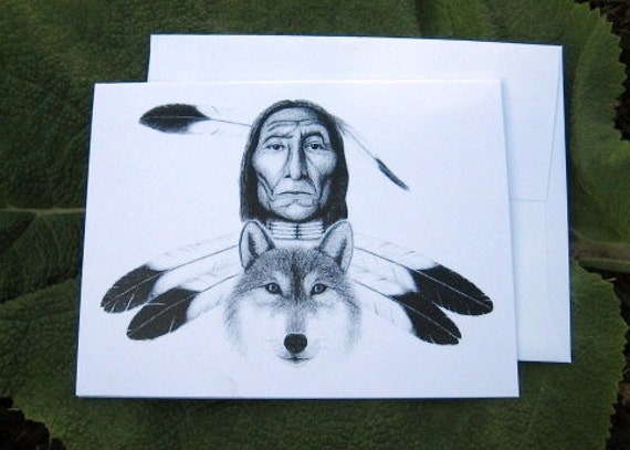 Indianer Und Wolf Notecard Kunst Druck Bleistift Etsy