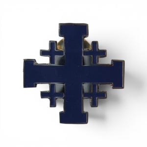May include: A dark blue Jerusalem cross lapel pin featuring a central cross with four smaller crosses in each quadrant. The design is finished with a smooth, glossy enamel surface and a metallic border, creating a distinct and symmetrical shape.
