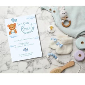 Modelo de convite para chá de bebê editável faça você mesmo, "We Can Bearly Wait Boy" | Convite do Urso Azul | Download digital | Convite para chá de bebê para impressão