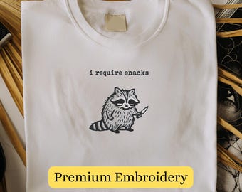 I Require Snacks Embroidered Raccoon Shirt, Funny Goblincore Animal Tee, Cozy Snack Lover Gift, Embroidered Tee, Cottagecore Shirt, Raccoon