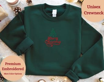 Embroidered Merry Christmas Sweatshirt: Xmas Tree Embroidery Shirt, Family Matching Xmas Tee