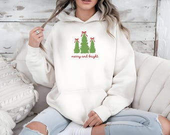 Merry And Bright Embroidered Sweatshirt, Holiday Sweater, Christmas Hoodie, Xmas Embroidery