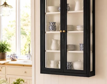 TELLA wandvitrine, zwart-wit, landelijke stijl | Hangkast met 2 glazen deuren | Vintage keukenkast | Vitrinekast 120 cm, wandkast nr. ND-5902