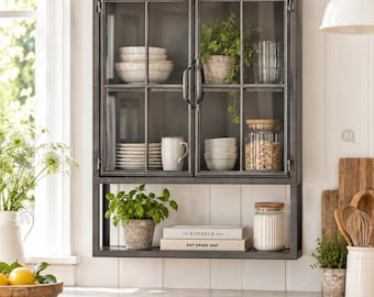 JO Wandvitrine H 121 cm Metall vintage schwarz, industriell Hängevitrine shabby chic Landhausstil, Industriedesign Wandschrank, Hängeschrank