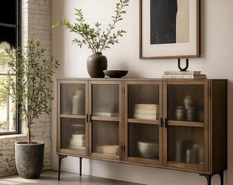 Industrial Sideboard MONI Holz & Eisen – Vintage Anrichte mit Riffelglas Türen | Loft Vitrine Natur | Retro Schrank 150 cm, Nr.AN-55400