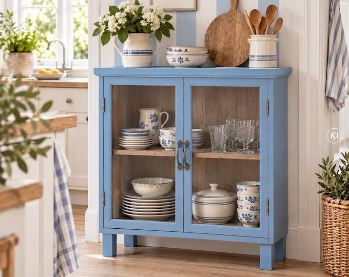 Featured listing image: Kleine Vitrine JULE H 80 cm Shabby Blau, Vintage Landhausmöbel, Geschirrschrank Holz Glas, Sideboard Küche Esszimmer, Vitrinenschrank - baba