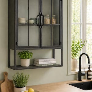 Könnte beinhalten: Ein schwarzer Metall-Wandschrank mit Glastüren, der Innenregale mit Schalen, Gläsern und Büchern zeigt. Ein unteres Regal enthält eine Topfpflanze. Der Schrank steht vor einer hellgrünen Wand, mit einer Holz-Arbeitsplatte und einem Fenster im Hintergrund.