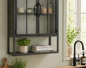 Wandvitrine LENA schwarz H 61 cm vintage Metall industrielle Hängevitrine shabby chic Landhausstil, Wandschank, Hängeschrank Küche, BA-64565