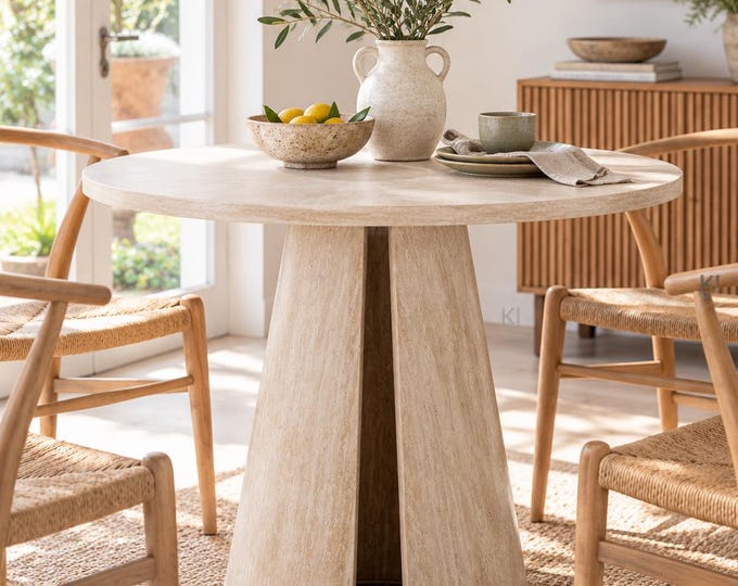 Featured listing image: Runder Esstisch RUTH Ø 90 cm Beige, moderner Design Tisch, Travertin Look, Esstisch kleine Küche, Bistrotisch, FSC® Möbel, Bistrotisch beige
