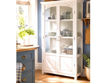 Weiße Landhaus Vitrine LEO 170 cm – Shabby Chic Küchenschrank Vintage Skandi Stil Glasvitrine Wohnzimmer Küche Aufbewahrung Möbel