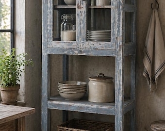 Regal shabby Chic Vitrine MALU Regal grau-blau Massivholz, alter Glasschrank H 175 cm, 2 Regale – EINZELSTÜCK, Küchenschrank Nr. SN-X0225899