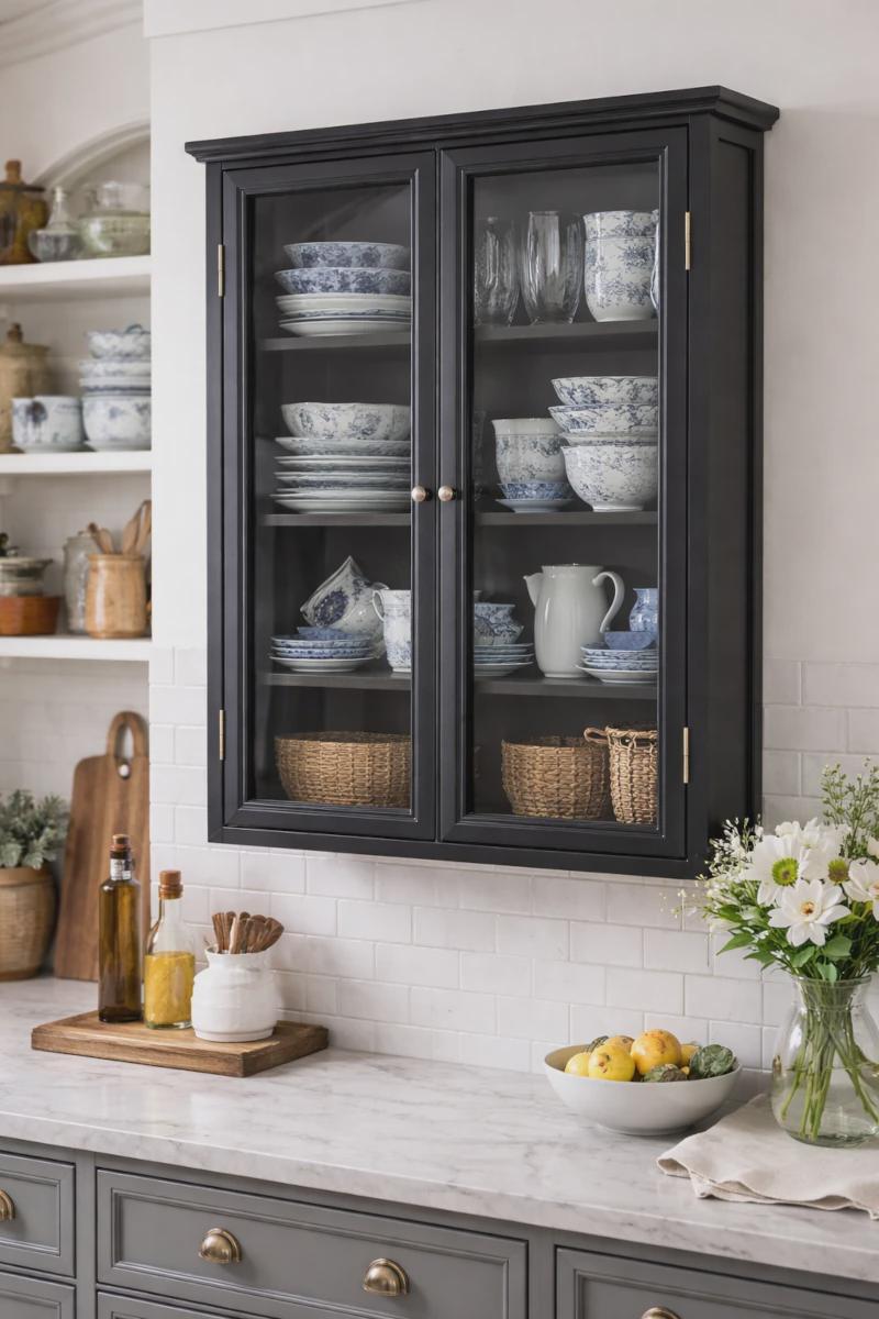 Vitrine murale vintage noire MIA - Vitrine suspendue et meuble mural avec vitre et 4 compartiments