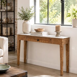Console table HALLY, wood, marble, white, 110 cm with drawer | narrow hallway table, country style | side table, home office, dressing table, No. 69422