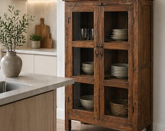 Altholz Vitrine FRIDEL Einzelstück | Vintage Küchenschrank Holz | Landhaus Vitrine mit Glastüren | Rustic Cabinet | Glass Door Cupboard
