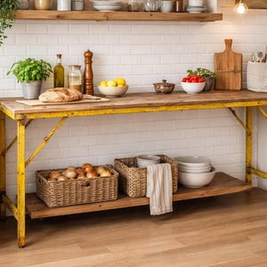Altholz Konsolentisch L 183 cm antik gelbem Metallgestell klappbar, Arbeitstisch Küche, Pflanztisch, Blumentisch, Waschtisch Nr. TR-M06072