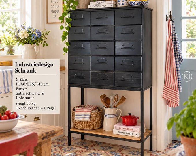 Featured listing image: MELLI Industrial Cabinet with 15 Drawers – Antique Black Look & Natural Wood, H146 × W75 × D40 cm, Vintage Drawer Cabinet, AN-61900