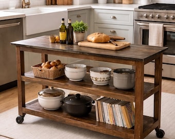 Rustikt konsolbord, 160 cm brett, köksö tillverkad av återvunnet trä med zinkskiva och hjul, mobilt vintage arbetsbord med två hyllor, nr: TR-06079