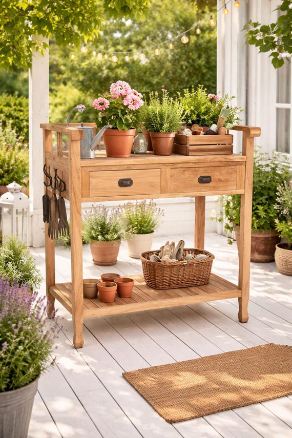 Pflanztisch Landhausstil aus Holz Handarbeit – Garten Arbeitstisch mit Schubladen + Ablage für Balkon, Terrasse & Garten, Nr.Y-60