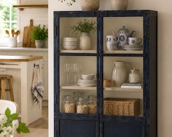Vintage vitrinekast, 123 cm hoog, donkerblauw metaal – Shabby chic dressoir/keukenkast in landelijke stijl met glas | Vintage eetkamerkast, nr. SN-12001