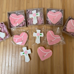 Baptism Cookies: Pink Heart & Cross, Rosary Communion Favors