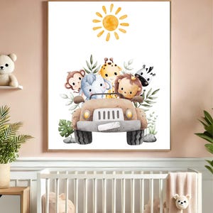 Póster de la selva, safari baby kinderkamer inrichting, babyshower, 5 formatos, giraf, leeuw, olifant, aap, zebra, kinderspeelkamer, boho