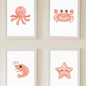 Cute Pink Sea Animals Nursery Poster | Octopus, Crab, Starfish, Shrimp | Ocean Room Decor | Coastal Nursery Wall Art | Digital Download