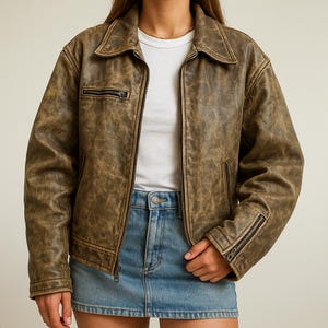 Oversize Vintage 90s Style Leather Jacket Handmade Distressed Tan Brown Sheepskin Leather Jacket Women Coat