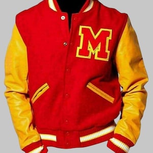 M Logo Letterman Red wool Yellow Sleeves  Bomber Style Leather Jacket Men&#39;s