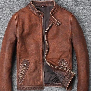 Men&#39;s Genuine Leather Jacket Distressed Brown Streetwear Vintage Style Real Cowhide Leather Coat