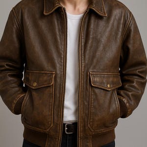 Könnte beinhalten: Braune Leder-Bomberjacke mit Reißverschluss, zwei Vordertaschen mit Knopfverschluss und geripptem Saum und Bündchen. Die Jacke hat einen klassischen Kragen und wird über einem weißen T-Shirt getragen.