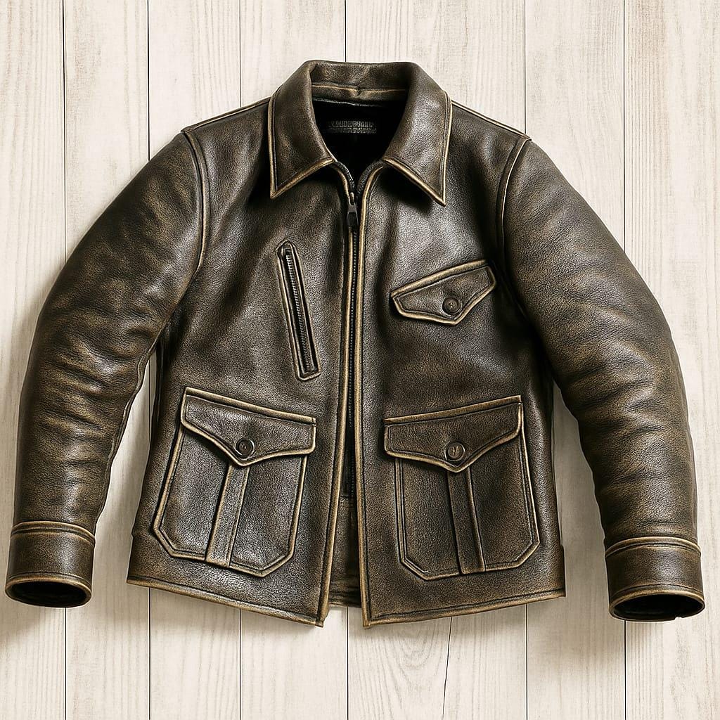 1920s Vintage Genuine Leather Jacket Mens Military Style Coat Handmade Distressed Brown and Black Cowhide Leather Streetwear Vintage Coat