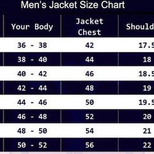 May include: A size chart for men's jackets, with measurements in inches. The chart includes sizes from XSmall to XXXXLarge, detailing body, chest, shoulder, and sleeve measurements. The text is white on a dark blue background.