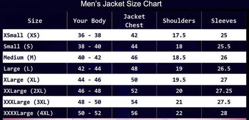 May include: A size chart for men's jackets, with measurements in inches. The chart includes sizes from XSmall to XXXXLarge, detailing body, chest, shoulder, and sleeve measurements. The text is white on a dark blue background.