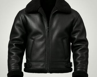 Handmade Black Sheepskin B3 Bomber Jacket: Mens Aviator Coat