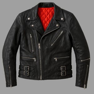 80s Style Cut Rider Cowhide Leather Vintage Retro Red Contrast Streetwear Handmade Black Biker Leather Jacket Mens