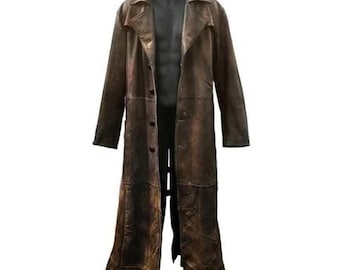 May include: A long brown leather coat with a button closure and a distressed look.